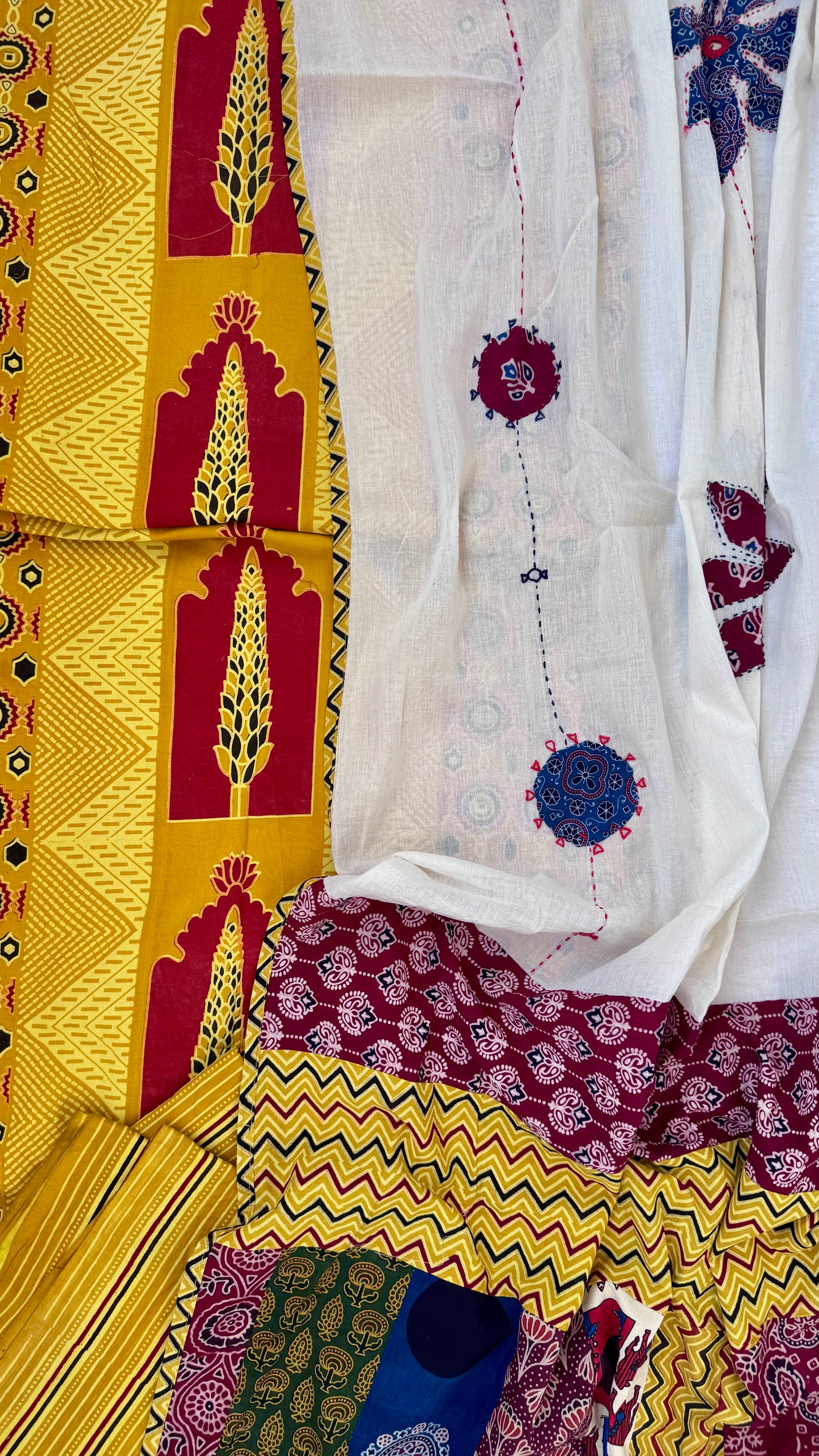 Haldi Shade Jarokha Motif Unstitched Handloom Cotton Suit Set with Cotton Applique Work Dupatta
