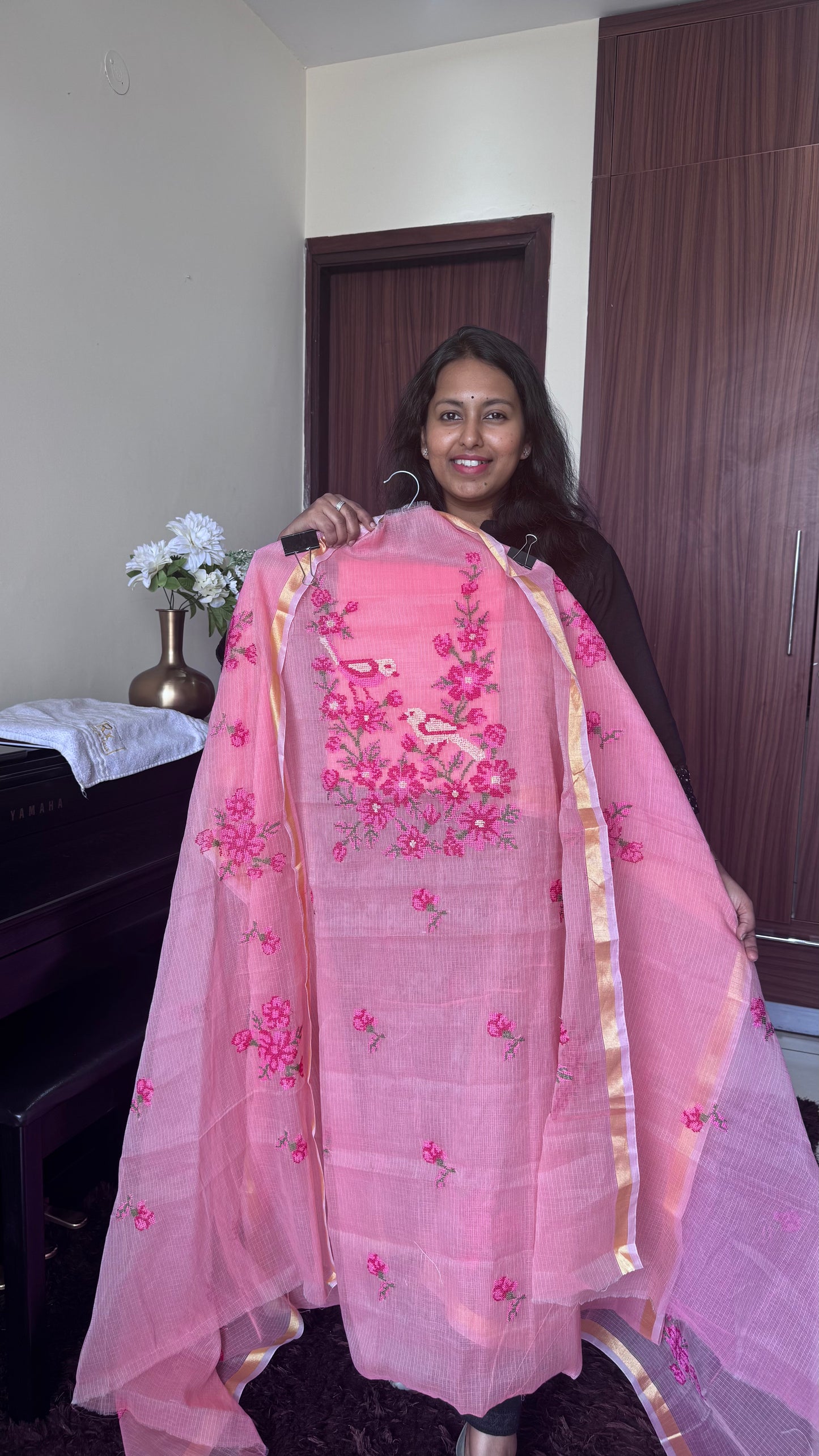 Reddish Pink Kota-Doria 3 Piece Suit Set with Bird Motif Cross Stitch and Kota Doria Dupatta
