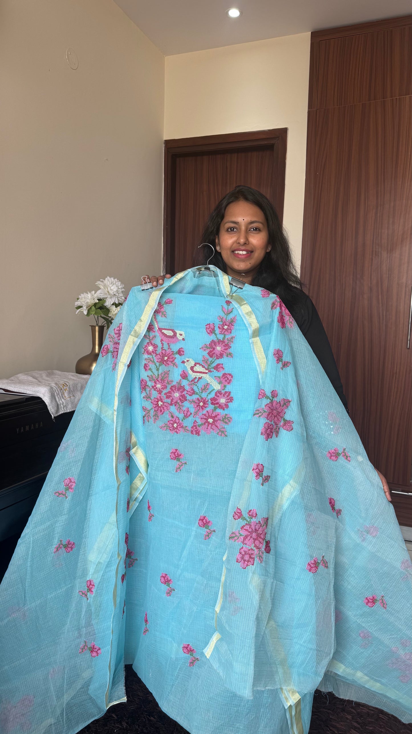 Aqua Blue Kota Doria 3 Piece Suit Set with Bird Motif Cross Stitch and Kota Doria Dupatta