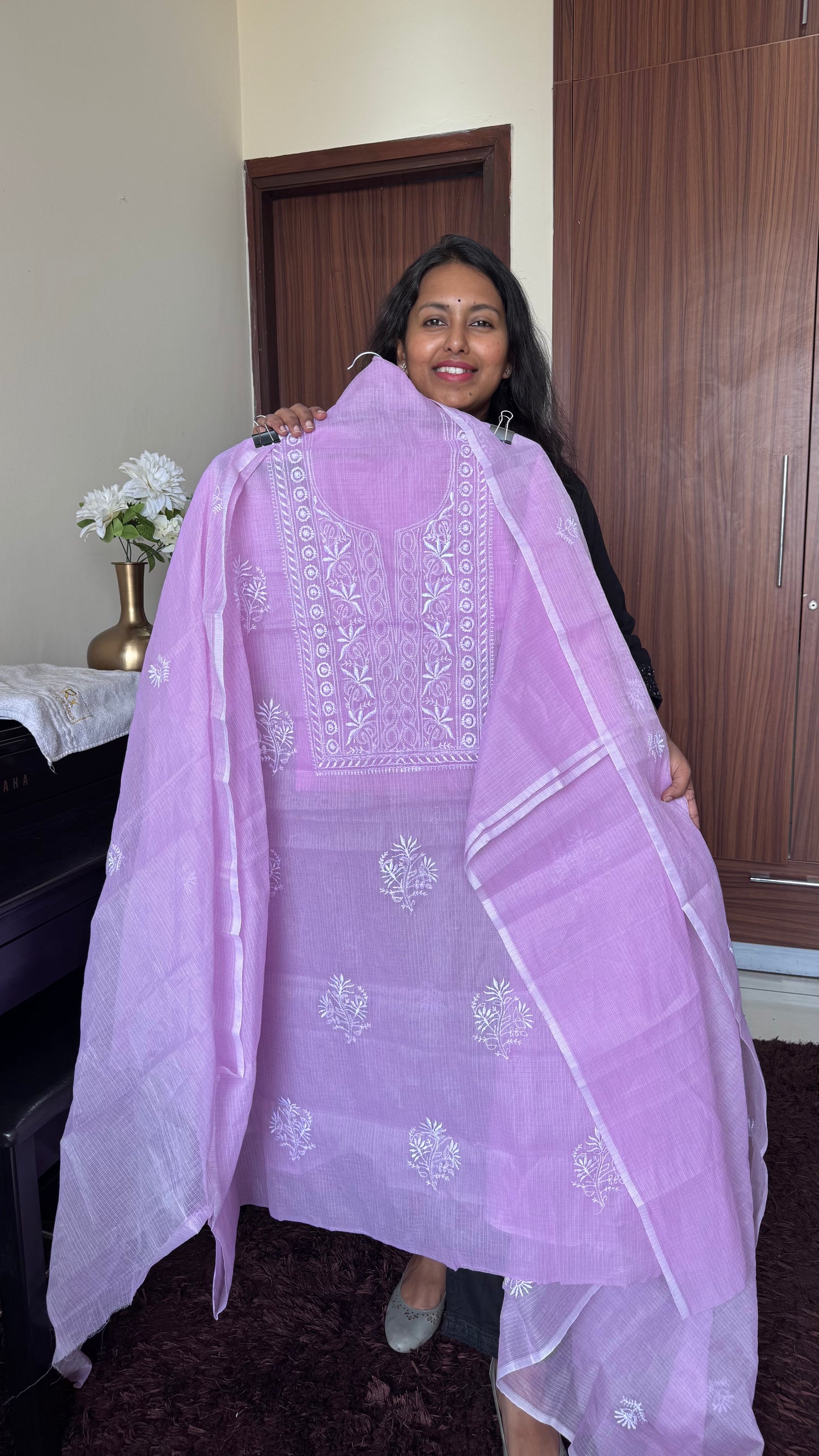 Soft Lavender Kota-Doria 3 Piece Suit Set with Chikankari Embroidery and Kota Doria Dupatta