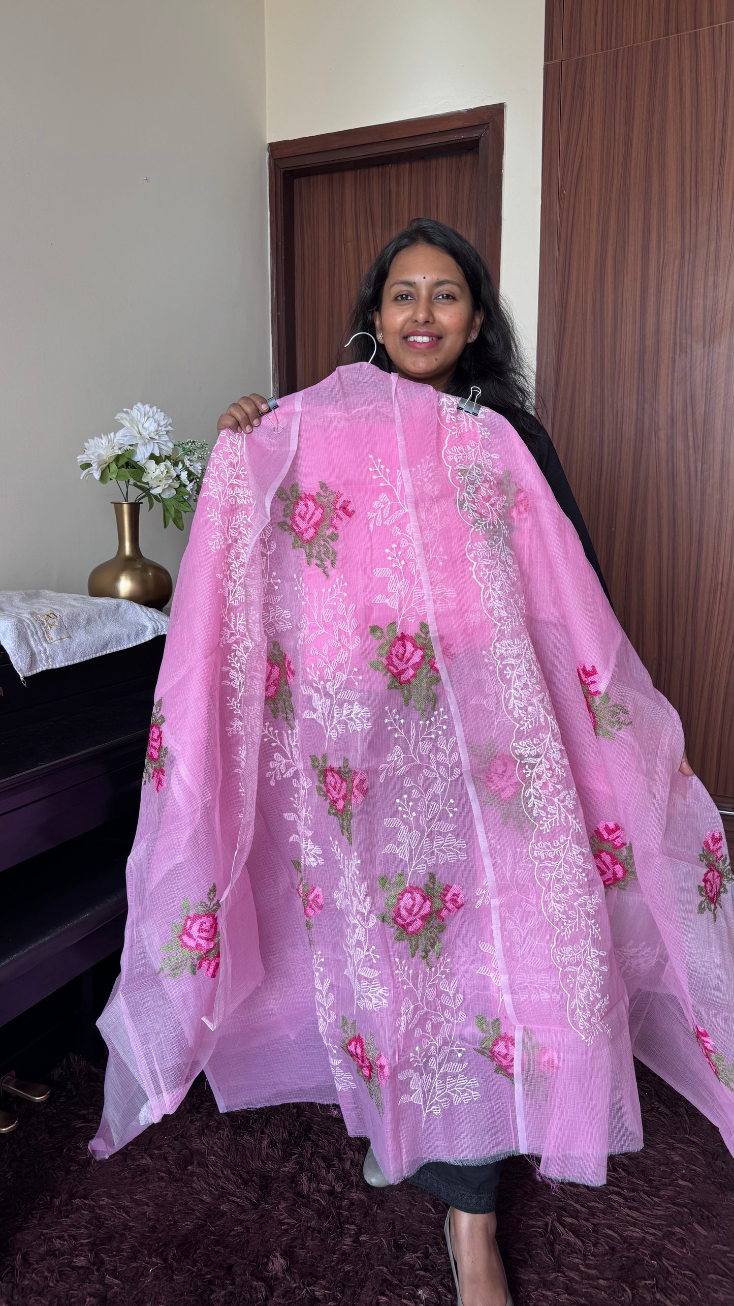 Soft Pink Kota-Doria 3 Piece Suit Set with Cross Stitch Embroidery and Kota Doria Dupatta