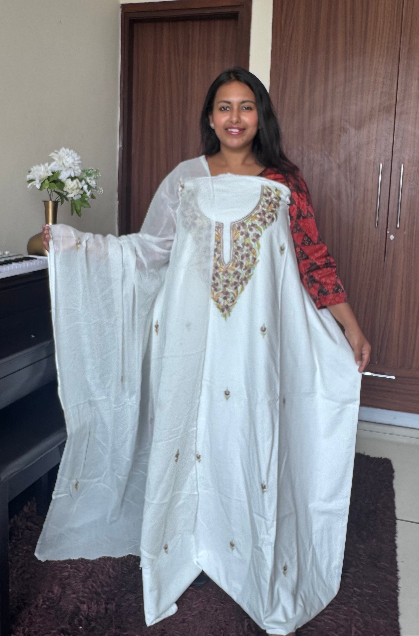 Pure White Mul Cotton Kashmiri Aari Embroidered 3pc Suit Set