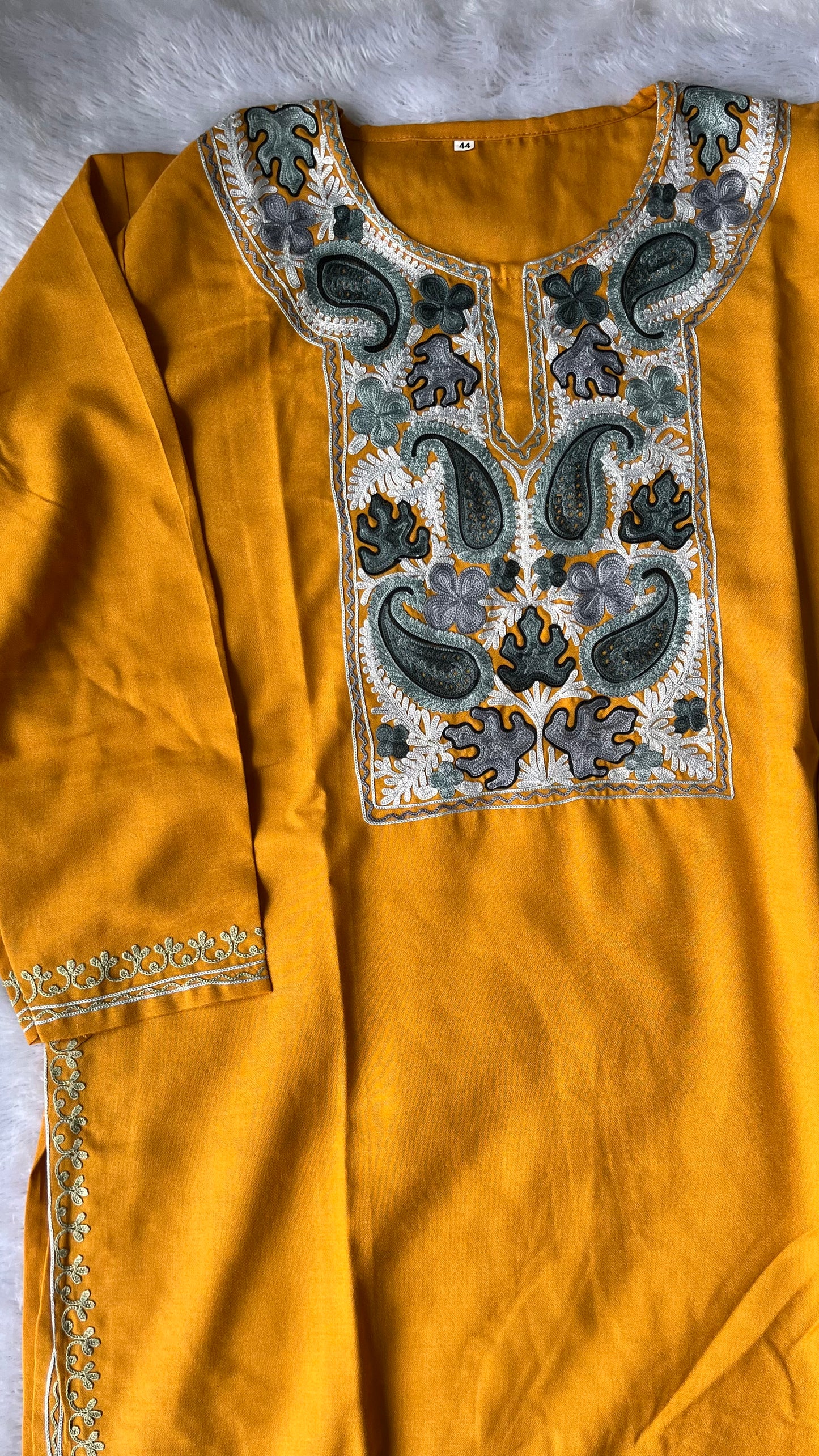Mustard Shade Floral Kashmiri Aari Work Cotton Kurti