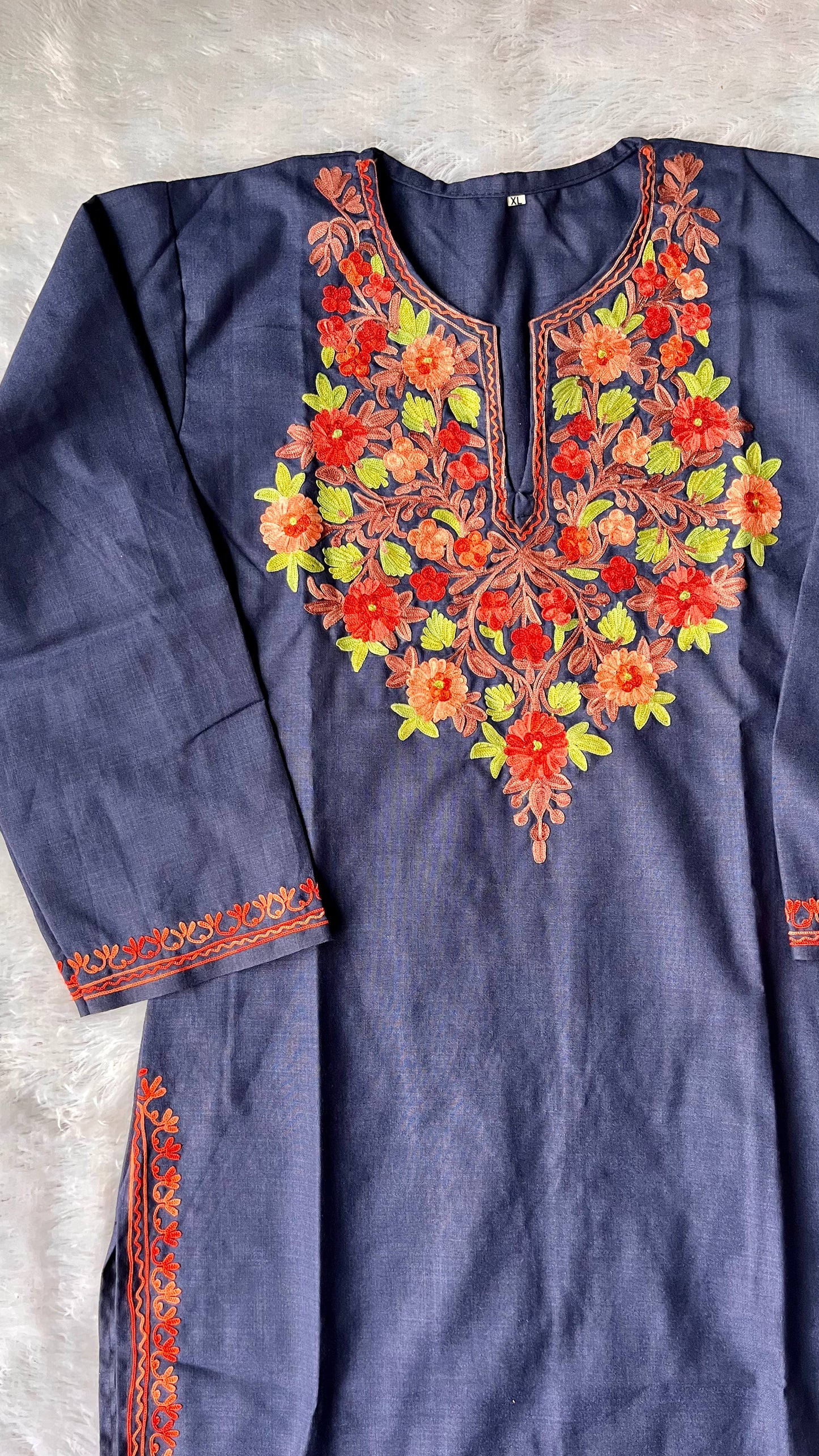 Navy Blue Multicolour Floral Kashmiri Aari Work Embroidered Kurti