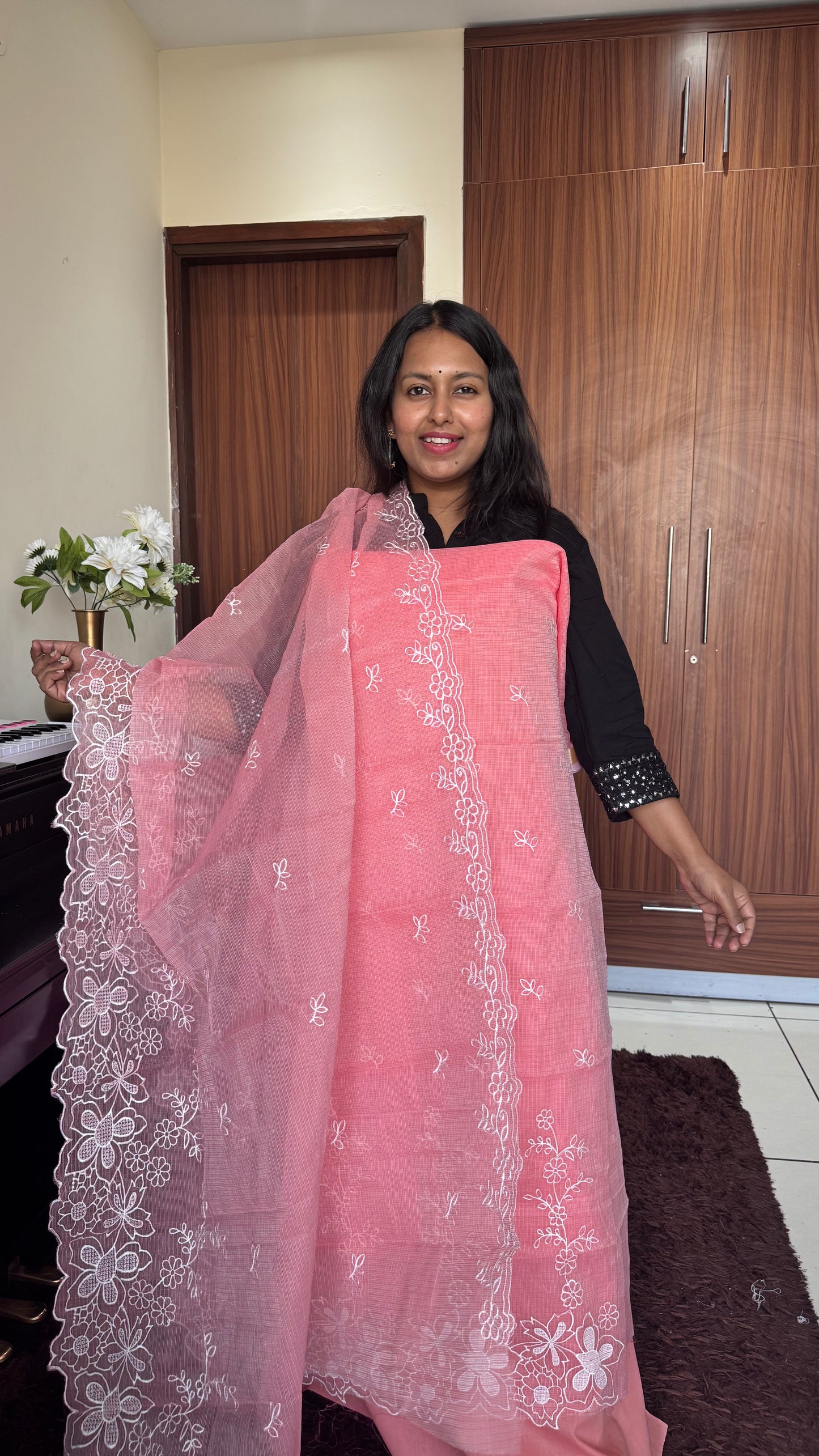 Gajri Pink Kota-Doria 3 Piece Suit Set with Applique Embroidery and Kota Doria Dupatta