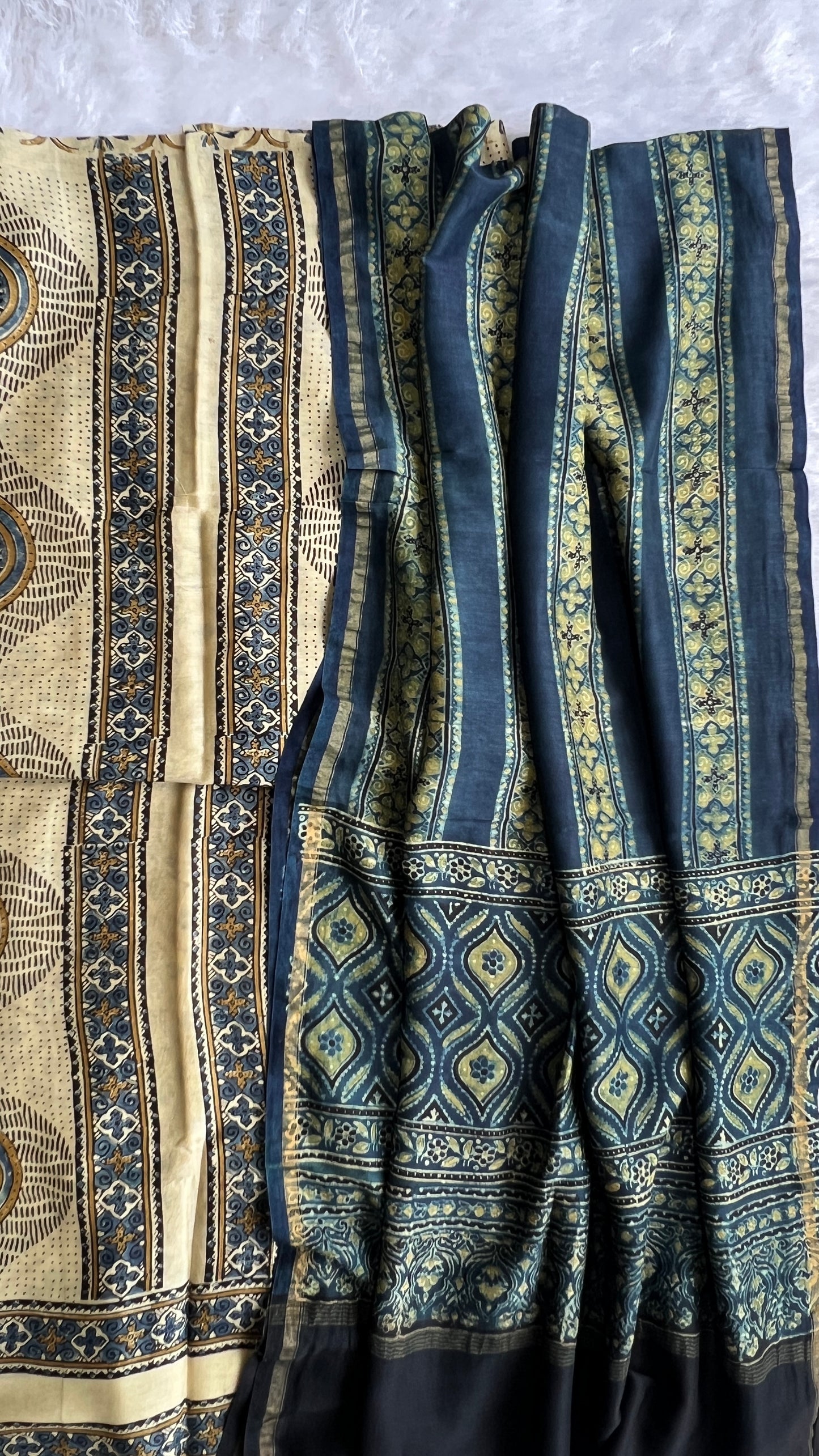 Off White and Indigo Dhaari Motif Chanderi Silk Cotton Ajrakh hand Block 2pc Suit Set