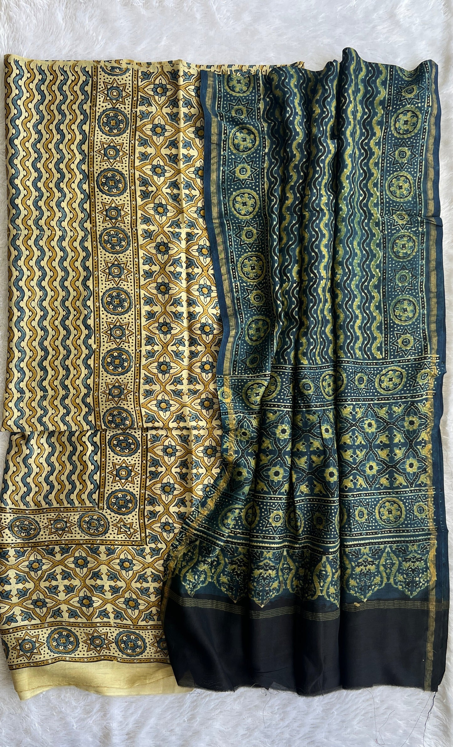 Off White and Indigo Zigzag Boota Chanderi Silk Cotton Ajrakh hand Block 2pc Suit Set