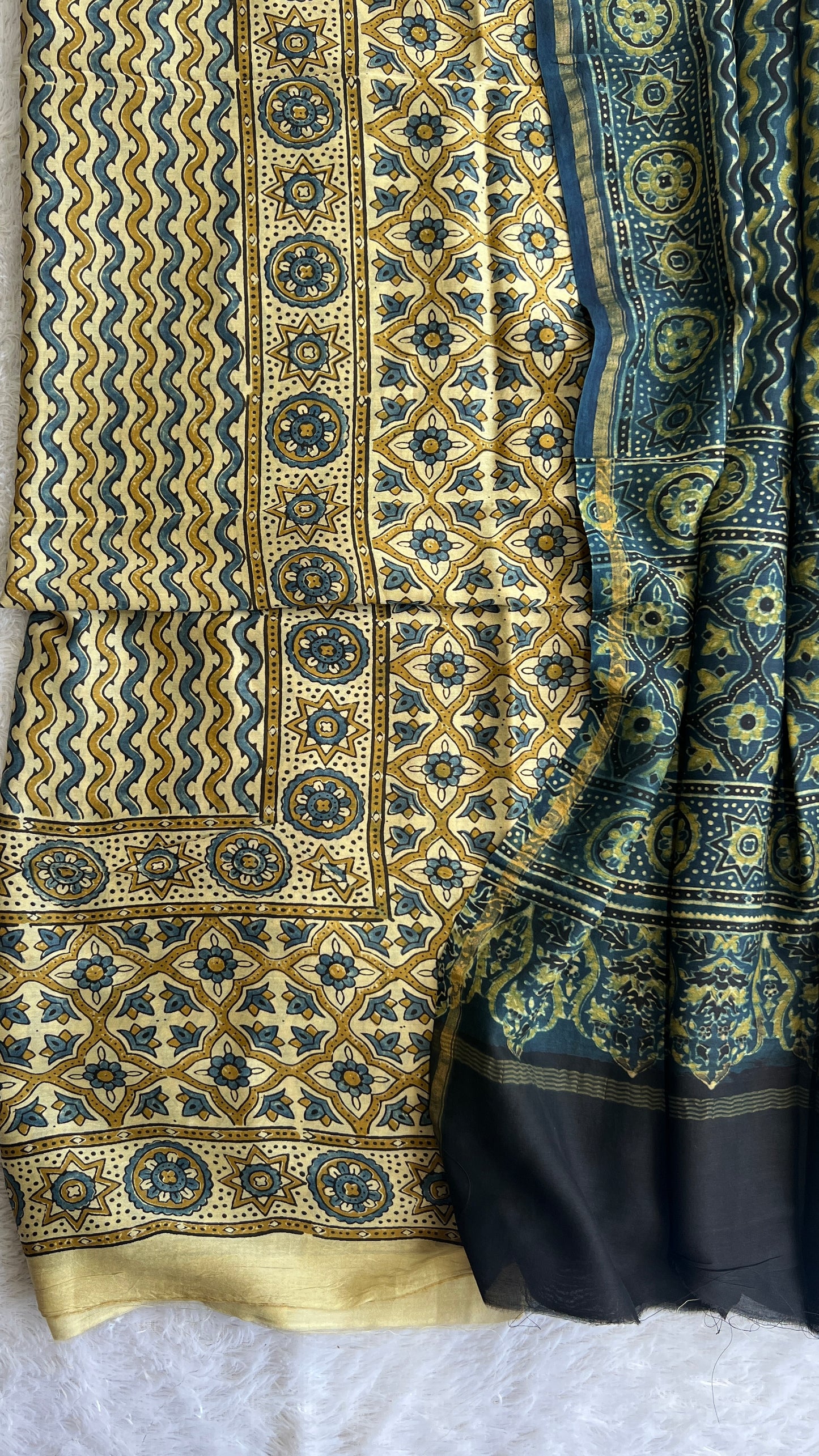 Off White and Indigo Zigzag Boota Chanderi Silk Cotton Ajrakh hand Block 2pc Suit Set