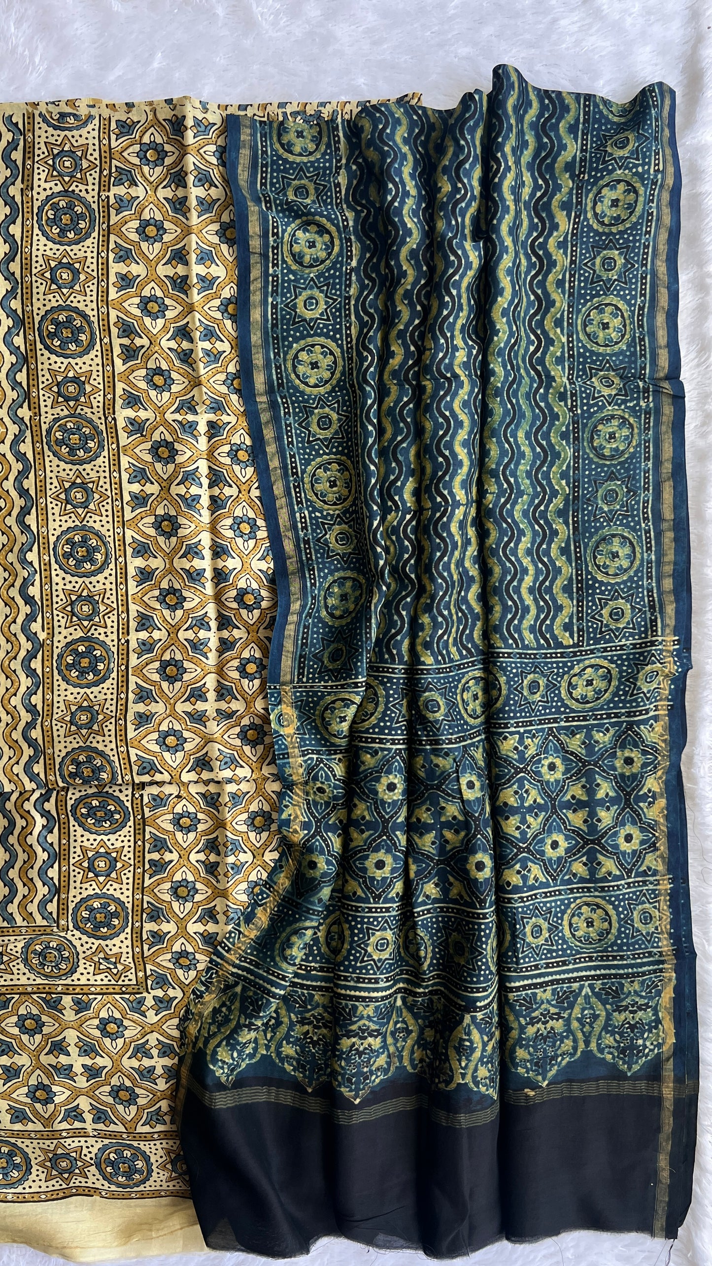 Off White and Indigo Zigzag Boota Chanderi Silk Cotton Ajrakh hand Block 2pc Suit Set