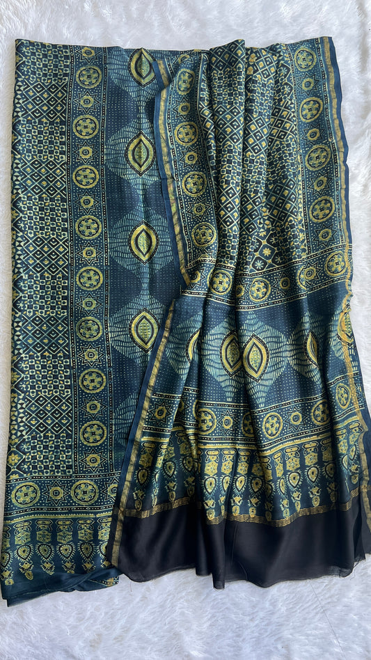 Indigo Intricate Boota Chanderi Silk Cotton Ajrakh hand Block 2pc Suit Set