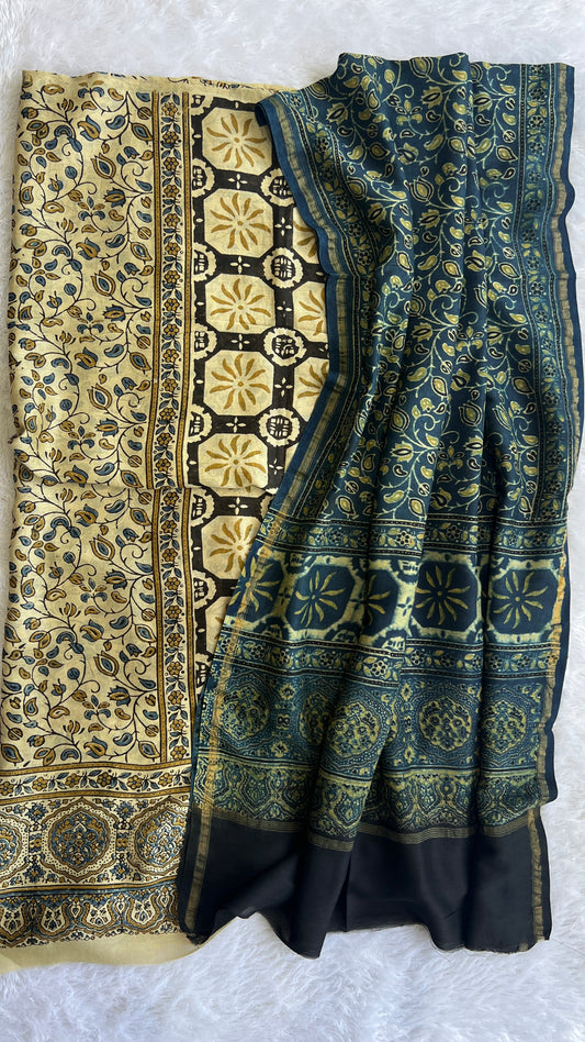 Off White and Indigo Floral Boota Chanderi Silk Cotton Ajrakh hand Block 2pc Suit Set