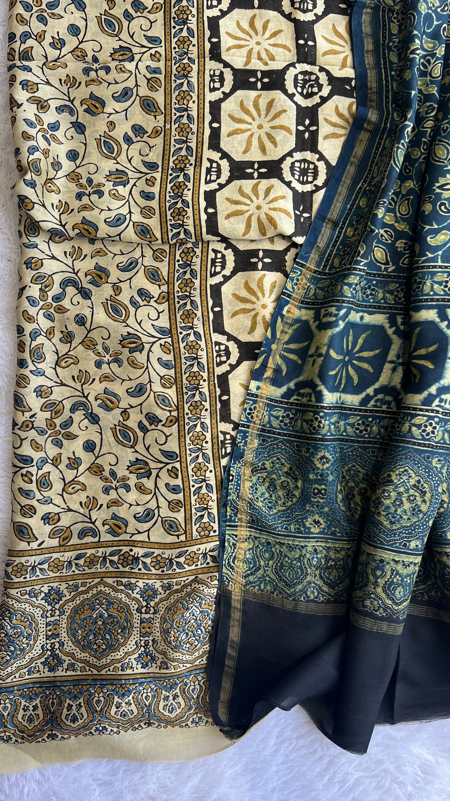 Off White and Indigo Floral Boota Chanderi Silk Cotton Ajrakh hand Block 2pc Suit Set