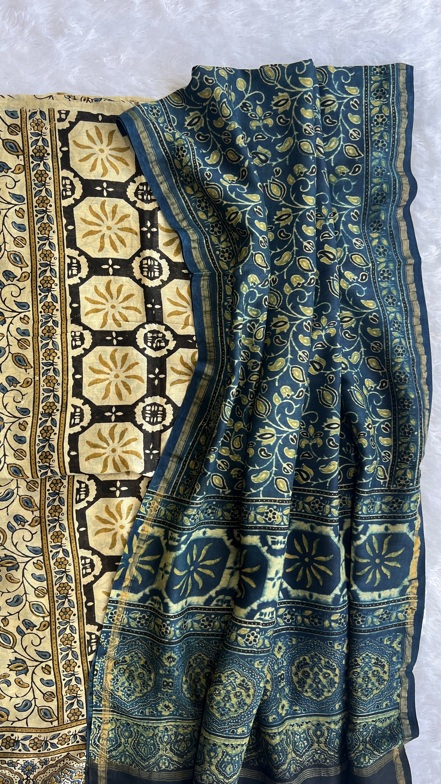 Off White and Indigo Floral Boota Chanderi Silk Cotton Ajrakh hand Block 2pc Suit Set