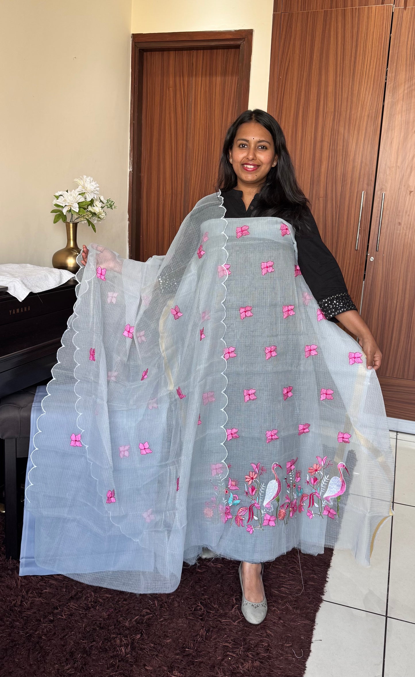 Gracious Grey Kota Doria 3 Piece Suit Set with Saaras Bird Motif and Kota Doria Dupatta