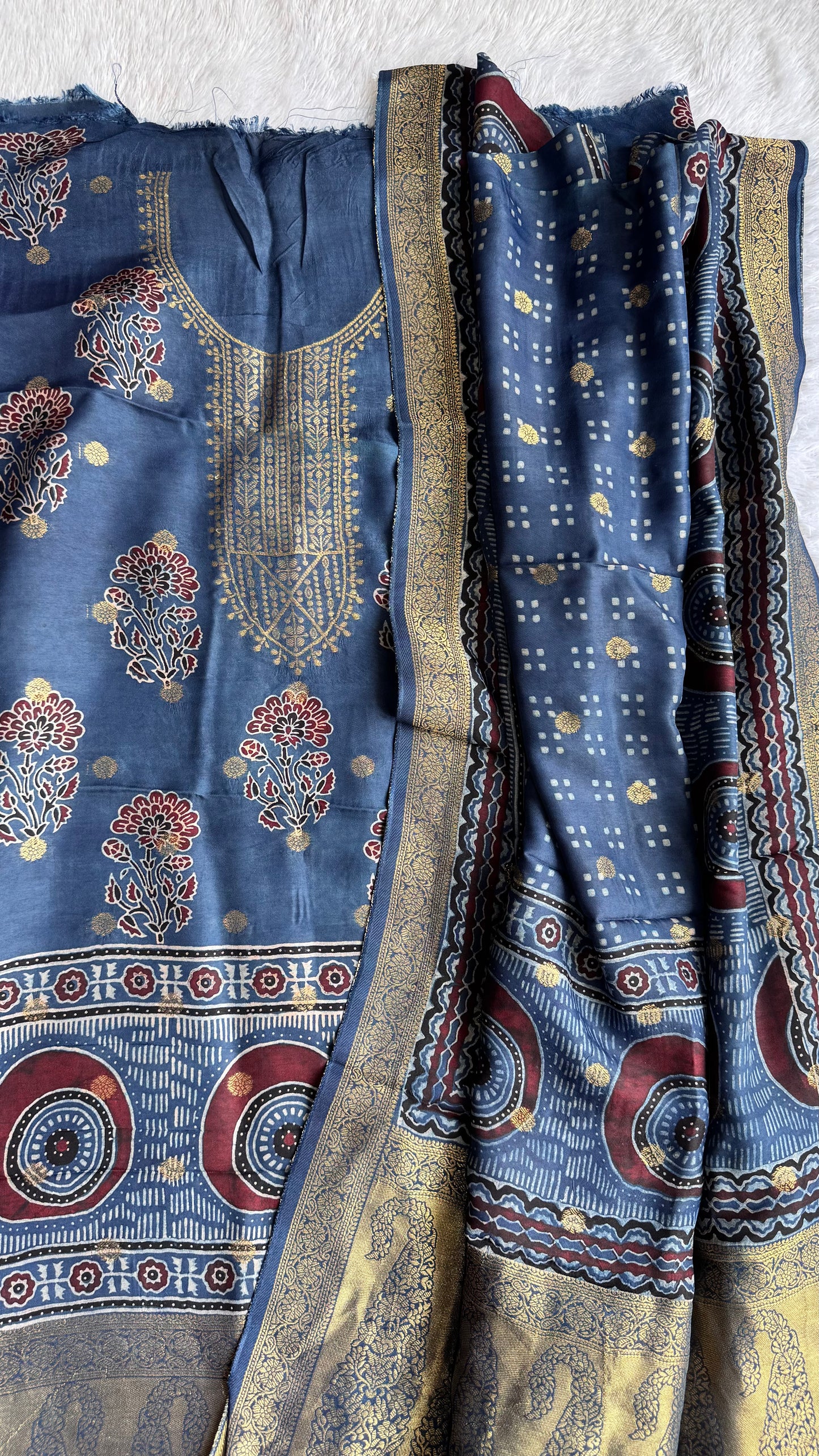 Blue Mugal Motif Pure Dola Silk Ajrakh Hand Block Print 2pc Suit Material Set with Zari Yoke and Nakkashi Dupatta
