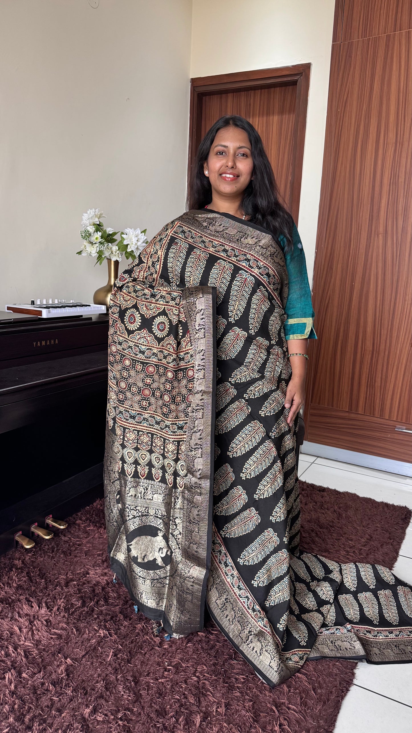 Black Asopallav Ajrakh Hand Block Dola Silk Zari Pallu Saree With Blouse