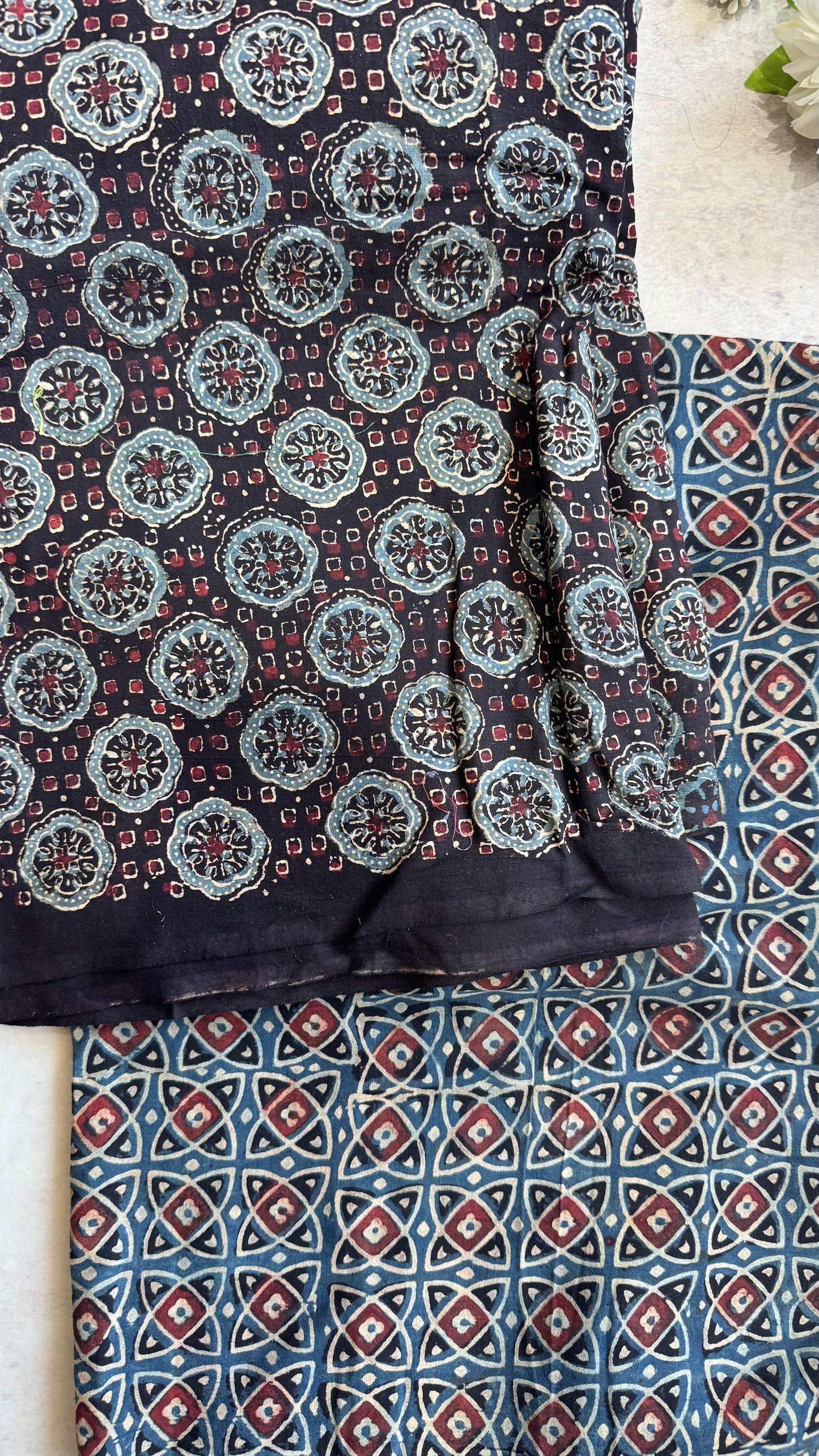 Black Circle Flower Motif Ajrakh Pure Cotton Fabric Set with Geometric Pattern Lower