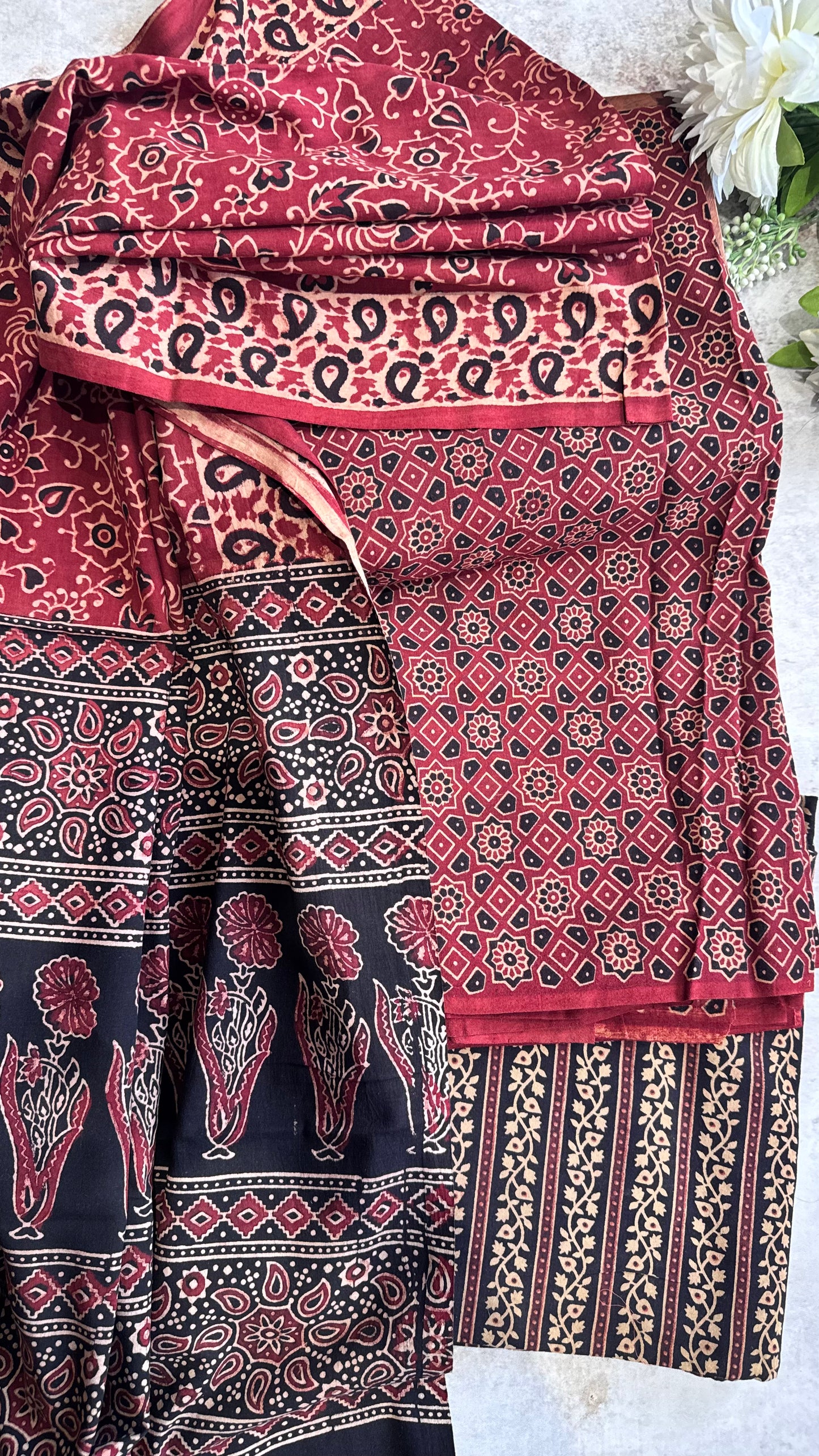 Red Geometric Pattern Flower Motif Ajrakh Pure Cotton Suit Set with Ajrakh Cotton Dupatta