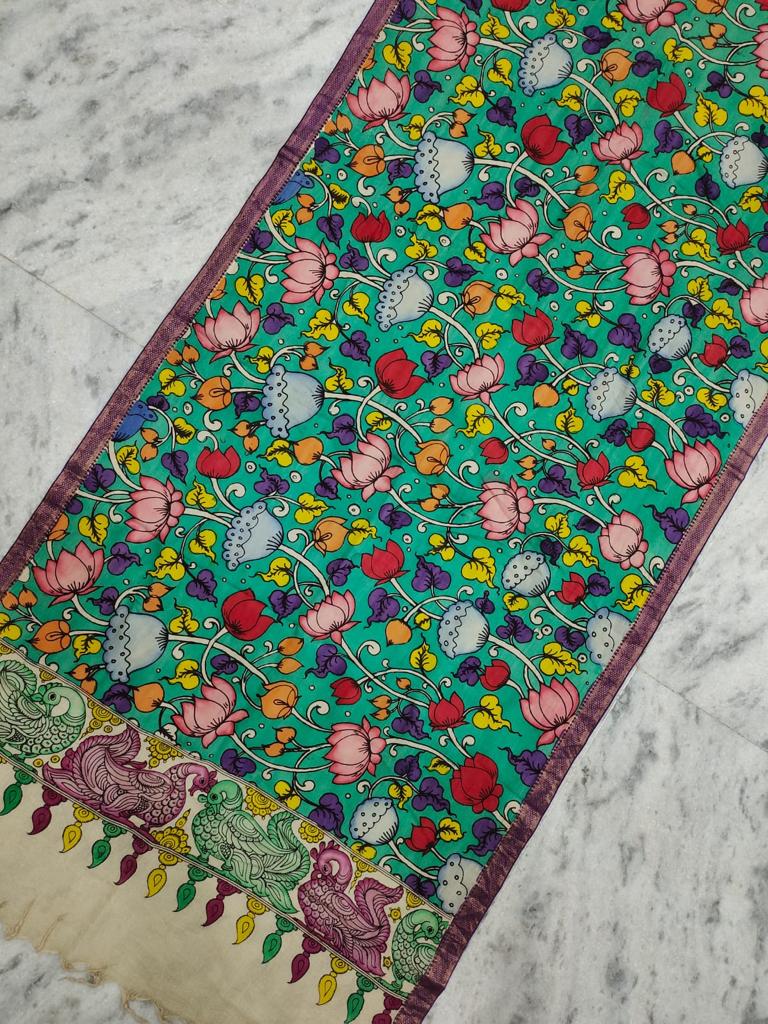 Green Multicolour Flowers Hand-painted KalamkariBangalore Silk Dupatta with Zari Border