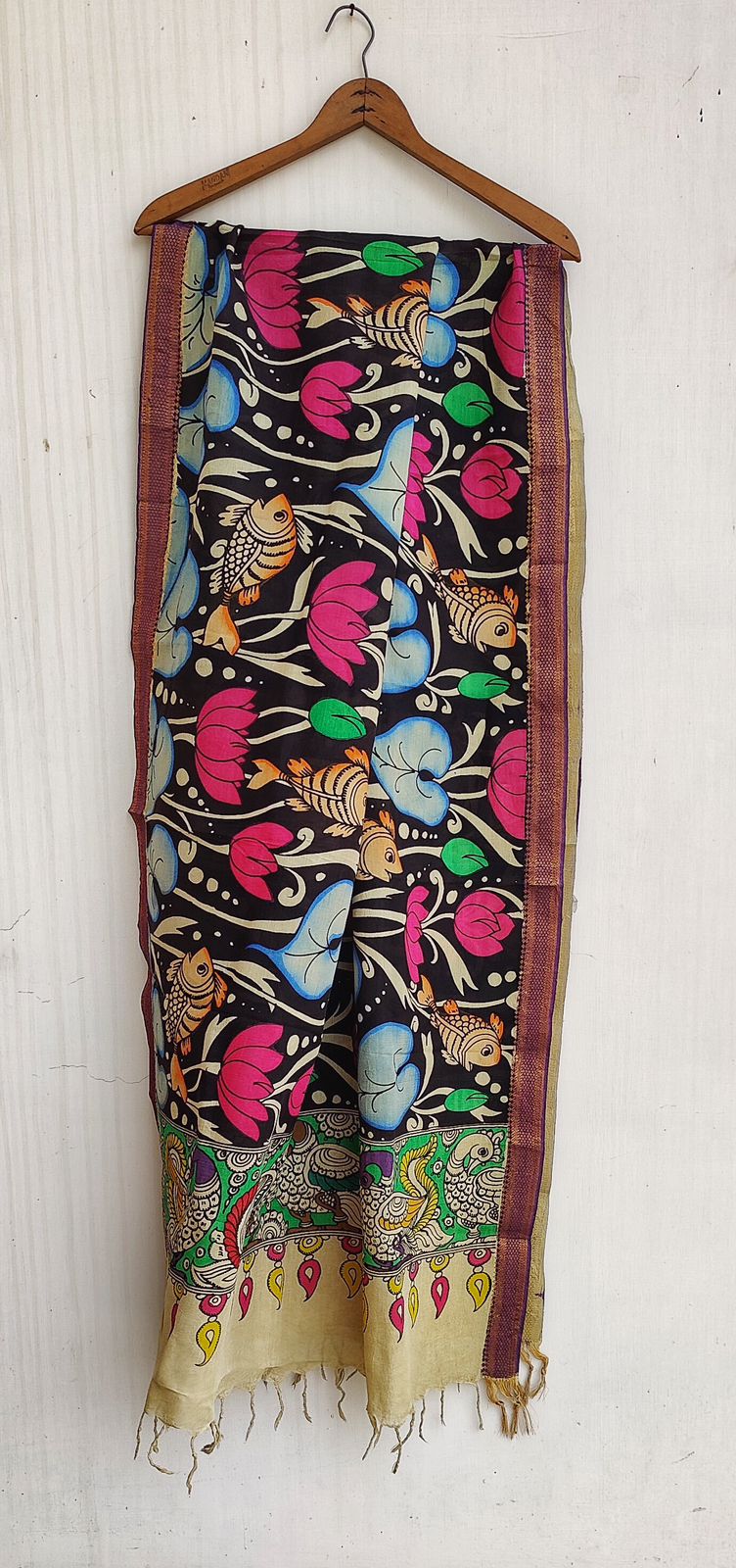 Black Matsya and Lotus Hand-painted KalamkariBangalore Silk Dupatta with Zari Border