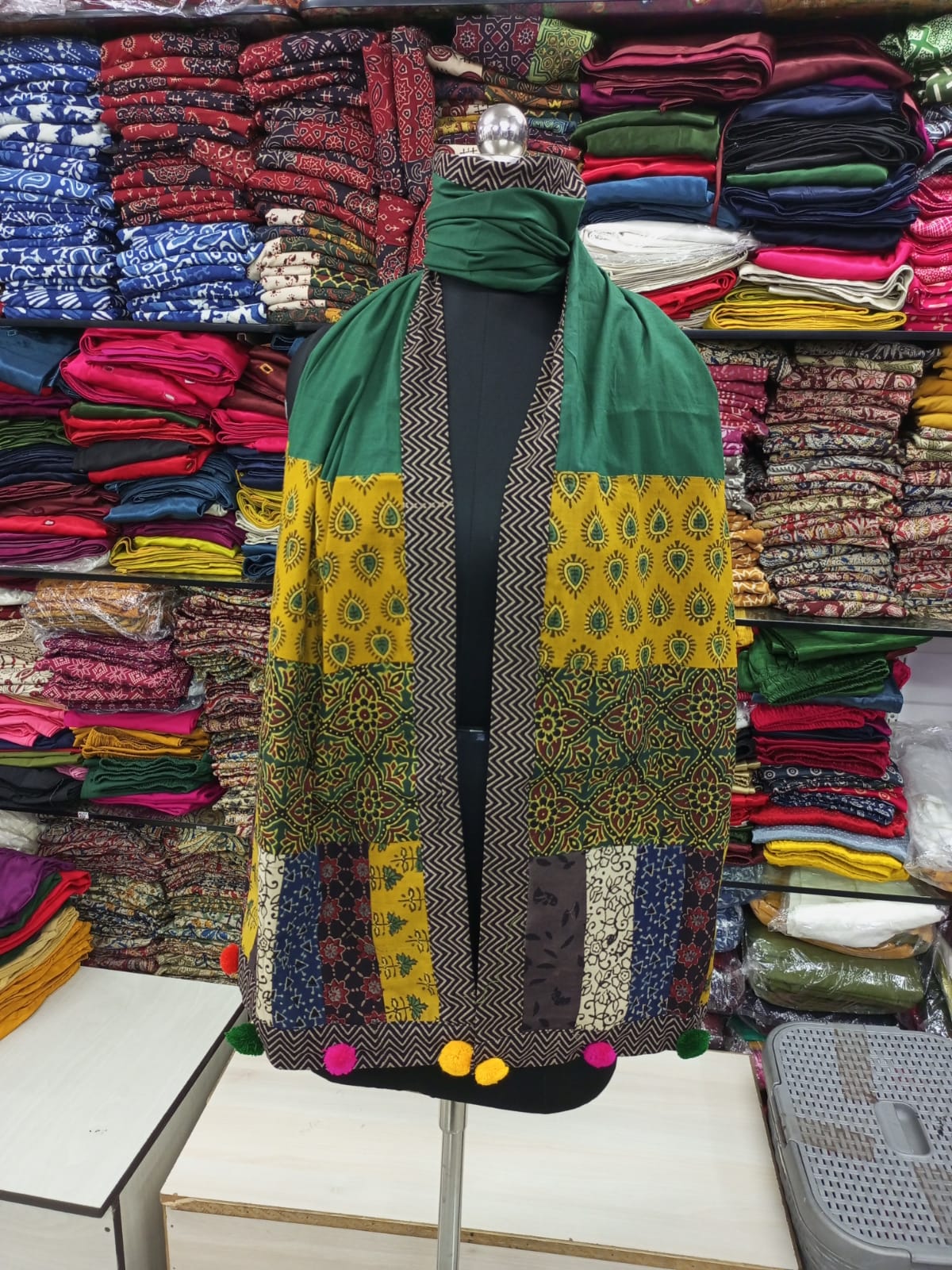 Bottle Green Ajrakh Patchwork Cotton Stole