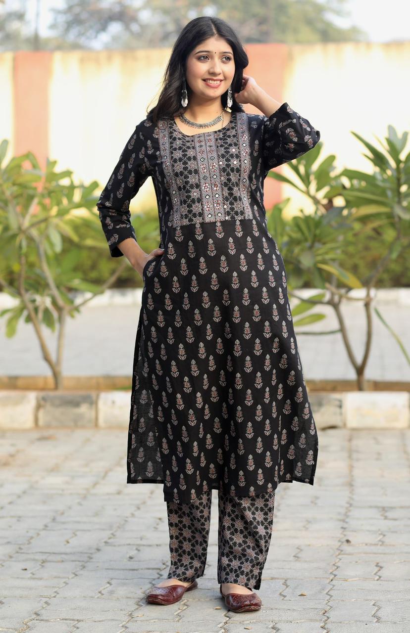 Black Ajrakh Print Suit Set with Yoke design and Ajrakh Cotton Dupatta