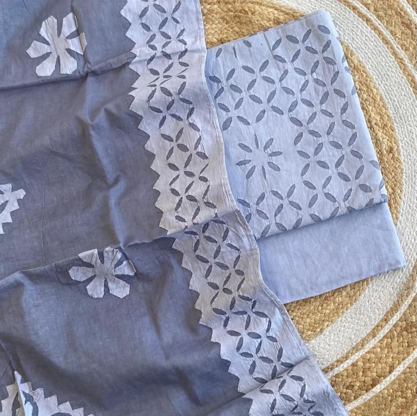 Ash Grey Blue Barmer Applique Cut Work Cotton 3pc Suit Material Set