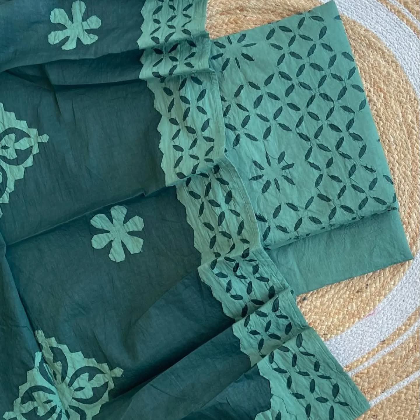 Bottle Green Barmer Applique Cut Work Cotton 3pc Suit Material Set