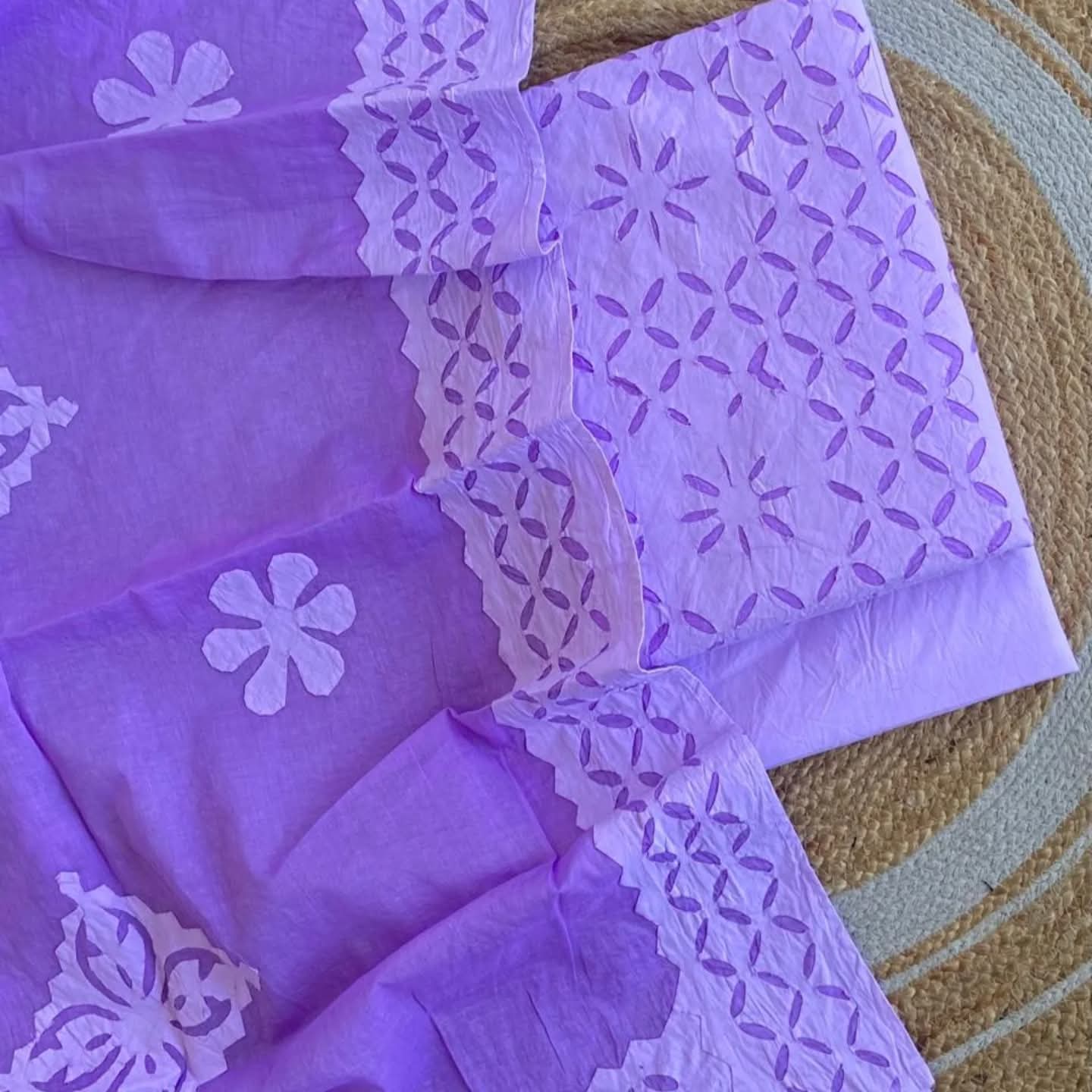 Mauve Barmer Applique Cut Work Cotton 3pc Suit Material Sef