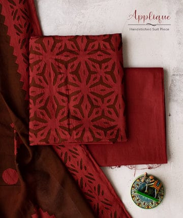 Magical Maroon Barmer Applique Cut Work Pure Cotton 3pc Suit Material Set