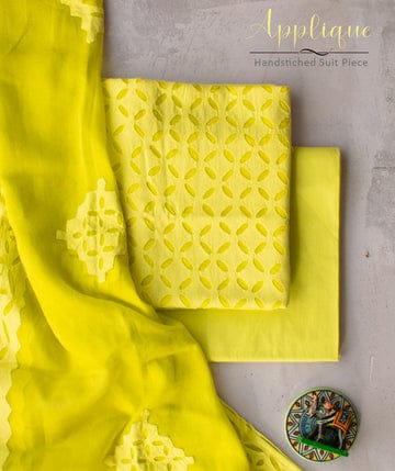 Lemon Yellow Barmer Applique Cut Work Pure Cotton 3pc Suit Material Set
