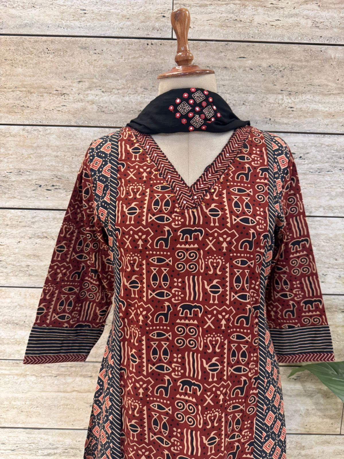 Black and Red Ajrakh Print Pure Cotton A Line Suit Set with Cotton Dupatta