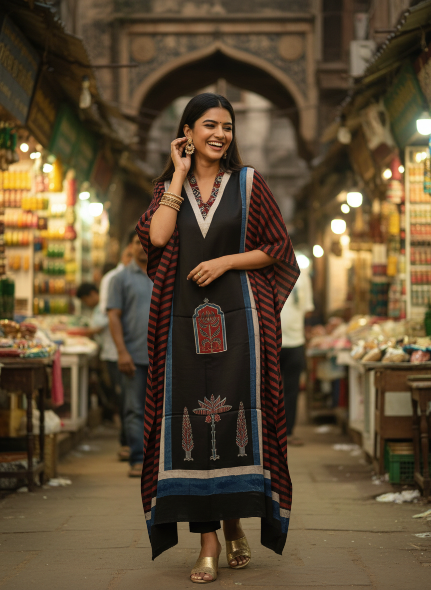 Black Jharokha Motif Modal Silk Ajrakh Hand Block Print Designer Unstitched Fabric (Kurta Only)