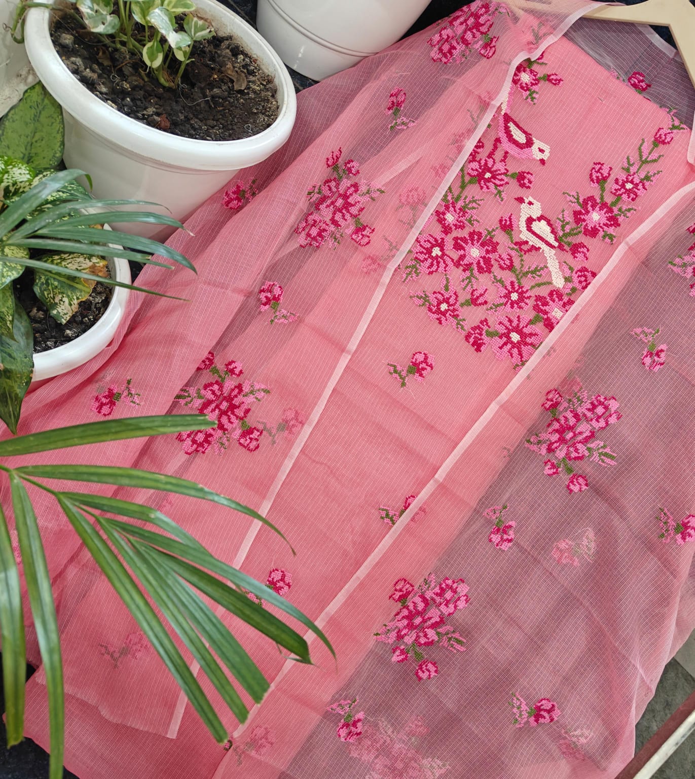 Reddish Pink Kota-Doria 3 Piece Suit Set with Cross Stitch Embroidery and Kota Doria Dupatta