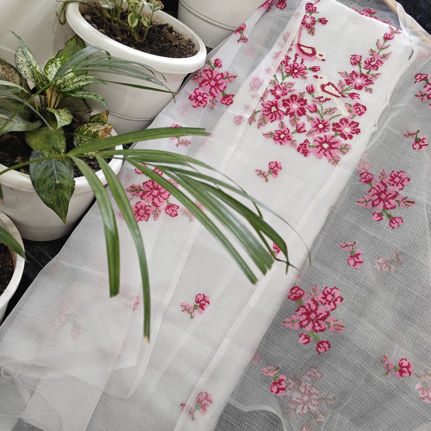 Angel White Kota Doria 3 Piece Suit Set with Cross Stitch Embroidery and Kota Doria Dupatta