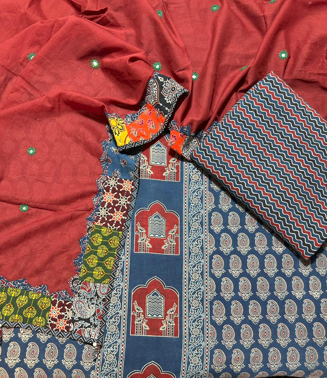 Blue Ajrakh Pure Cotton Suit Set with Tear Drop Motif and Red Mirror Work Cotton Dupatta