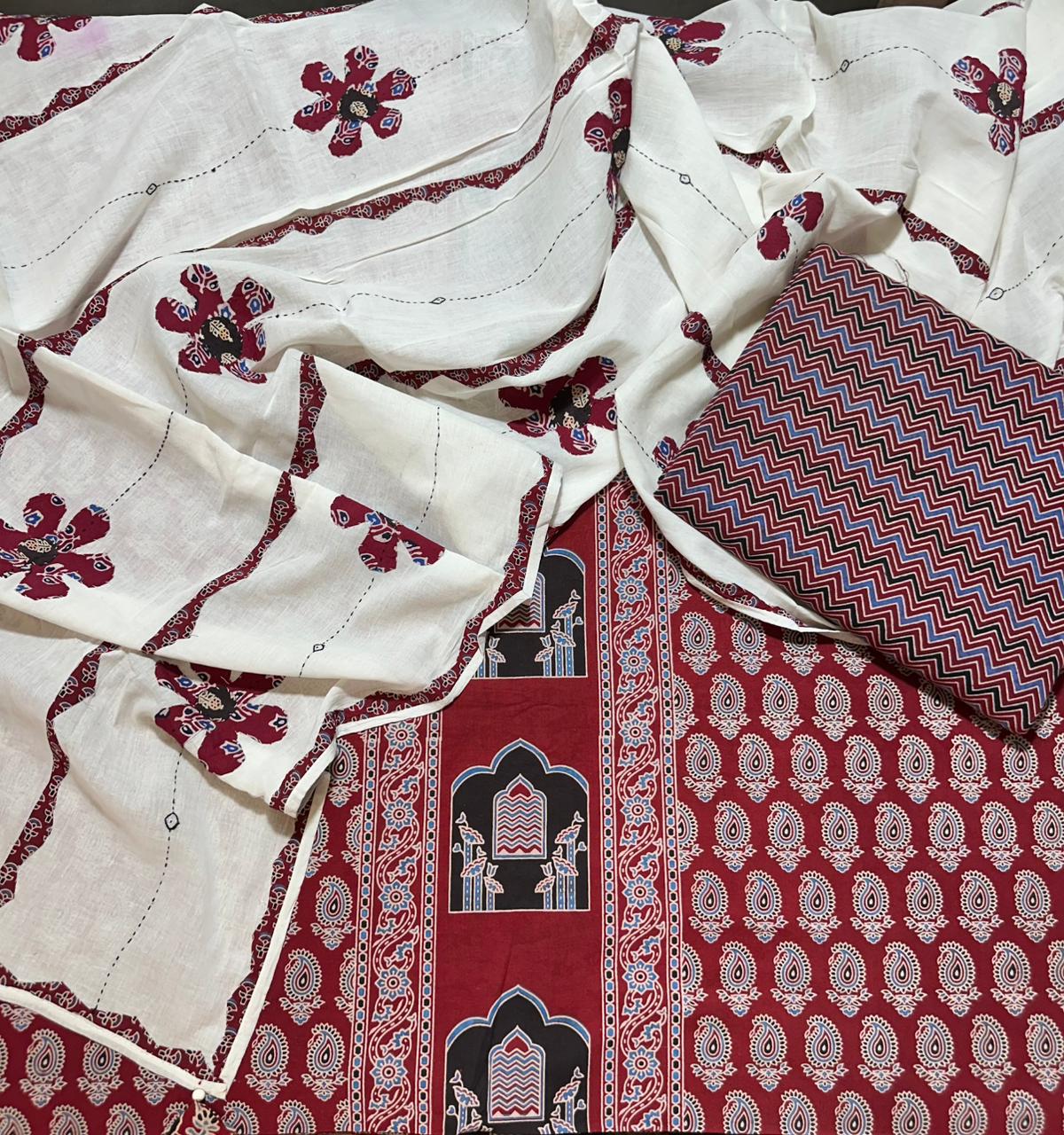 Red Ajrakh Pure Cotton Suit Set with Kairi Motif and Off white Applique Cotton Dupatta