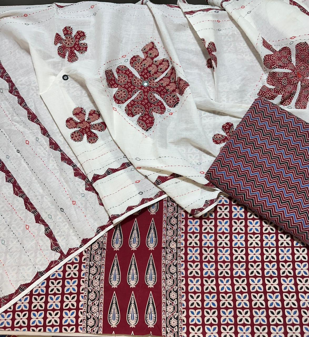 Red Ajrakh Pure Cotton Suit Set with Flower Motif and Off white Applique Cotton Dupatta