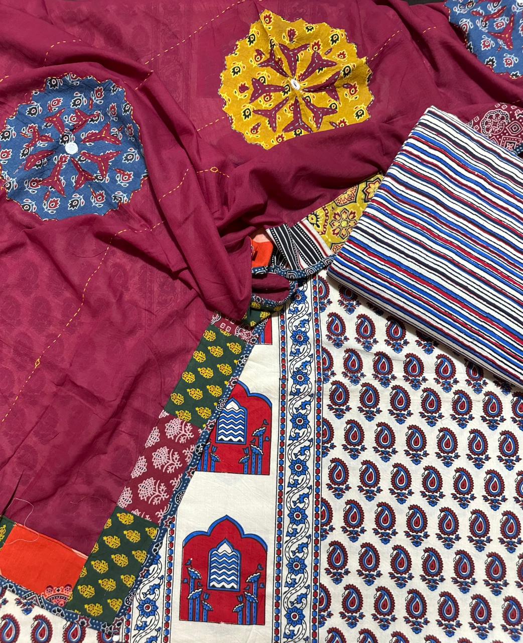 Off White Ajrakh Pure Cotton Suit Set with TearDrop Motif and Maroon Applique Cotton Dupatta