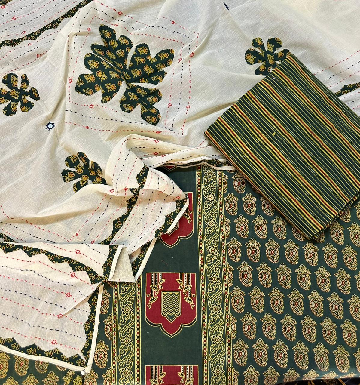 Kai Green Ajrakh Pure Cotton Suit Set with Jharokha Motif and Applique Cotton Dupatta