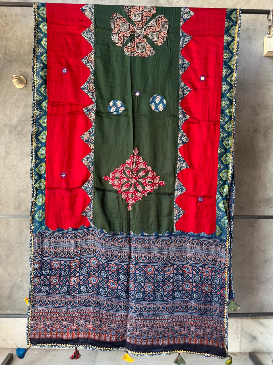 Bottle Green and Red Ajrakh Applique Patchwork Modal Silk Dupatta with Tassels