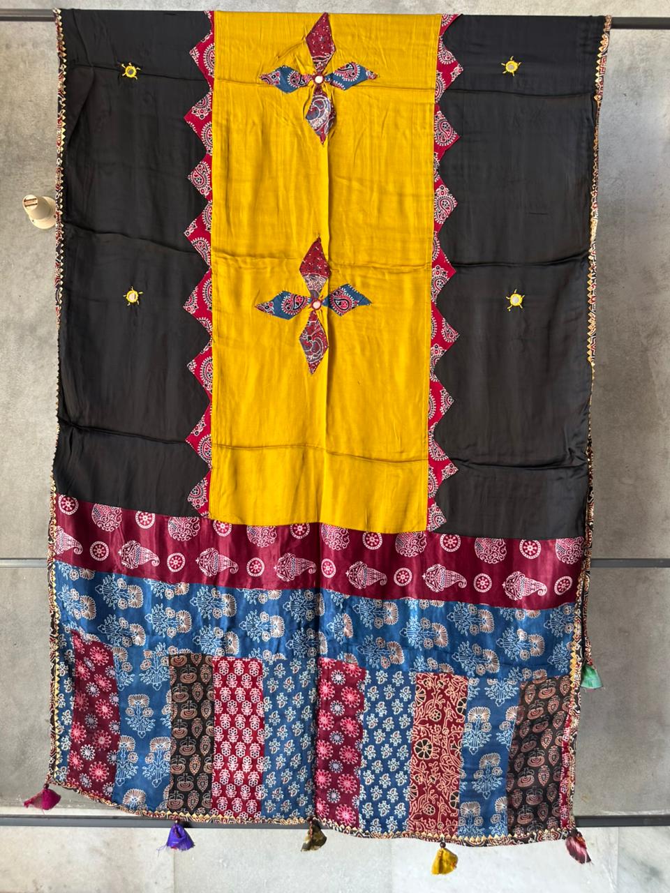 Black Ajrakh Applique Patchwork Modal Silk Dupatta with Mirror Work
