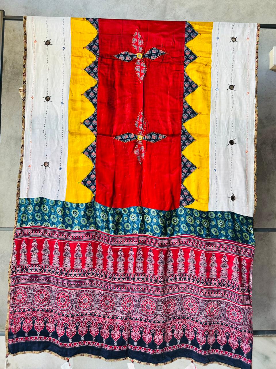 White Base Ajrakh Applique Patchwork Modal Silk Dupatta with Mirror Work