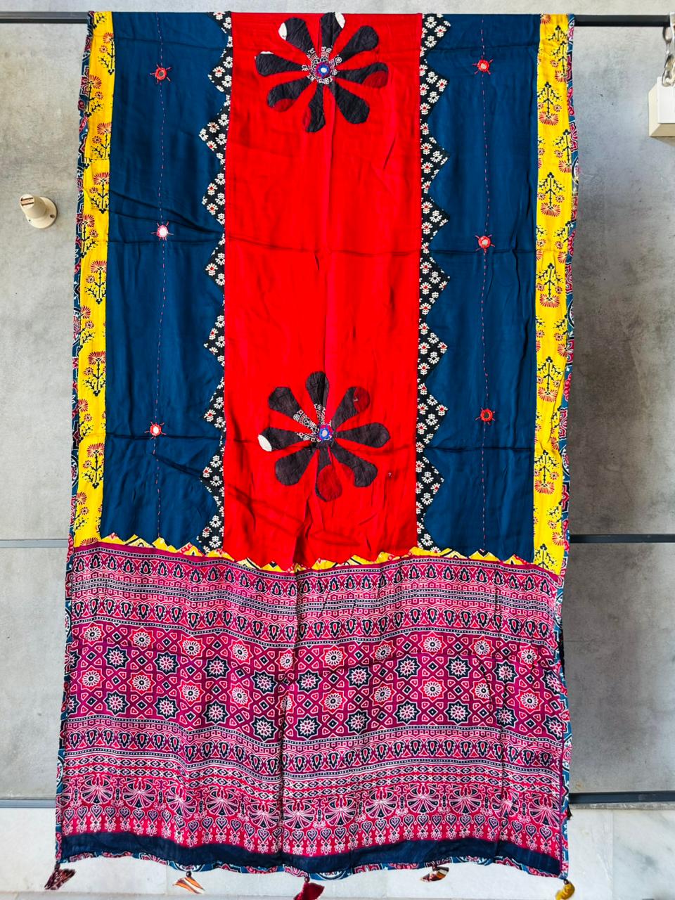 Navy Blue Base Ajrakh Applique Patchwork Modal Silk Dupatta with Mirror Work
