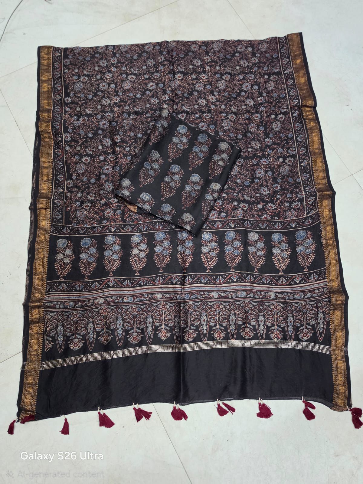 Black Floral Motif Hand Block Ajrakh Printed Maheshwari Silk Cotton 2 Piece Suit Set
