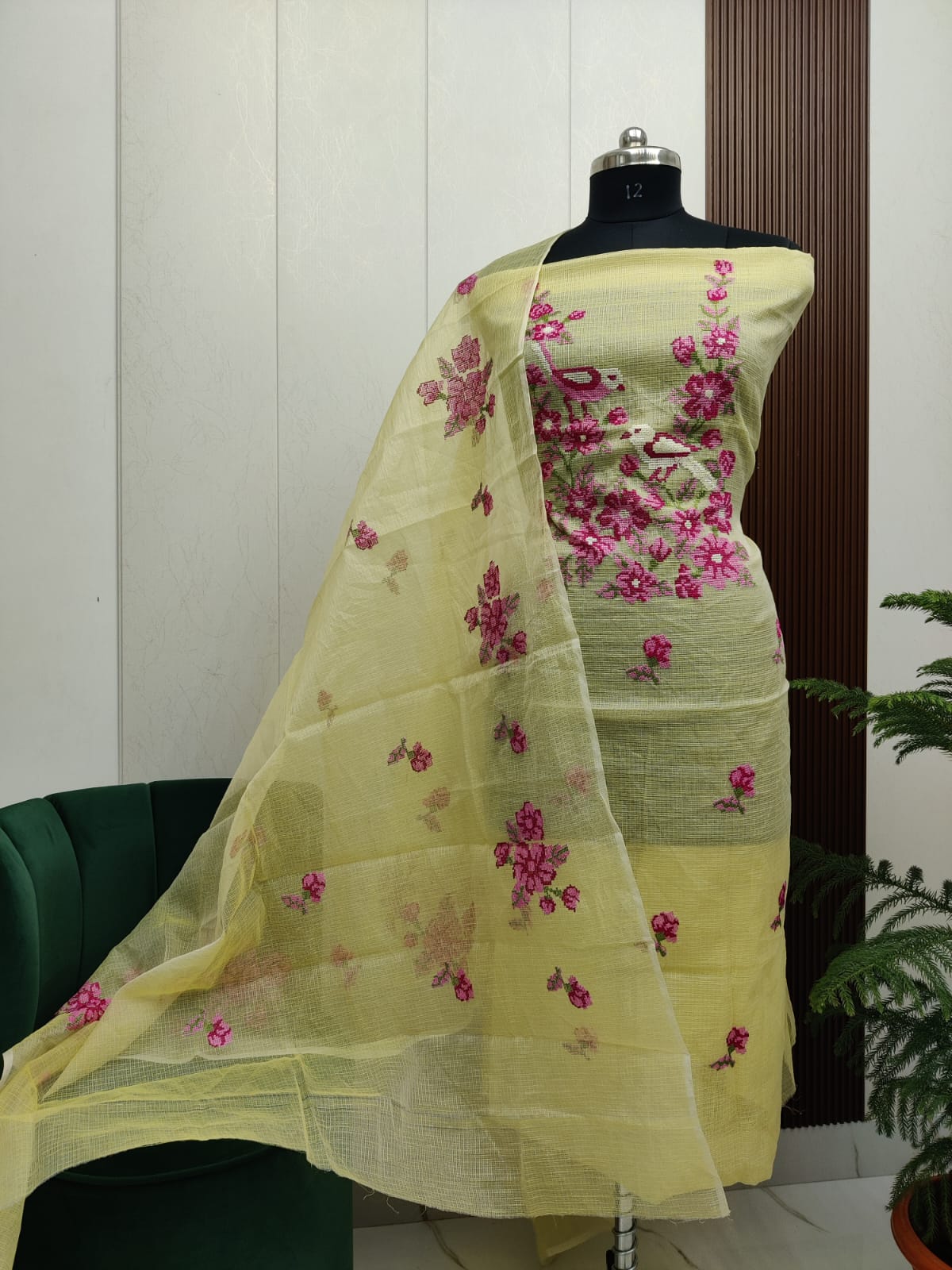 Hansa Yellow Kota Doria 3 Piece Suit Set with Cross Stitch Bird Motif and Kota Doria Dupatta