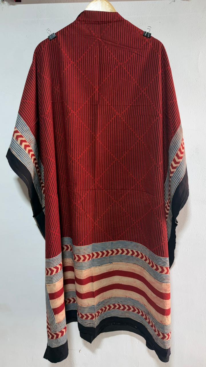 Red Shade Strip Motif Ajrakh HandBlock Unstitched Pure Cotton Fabric (Kurta Only)