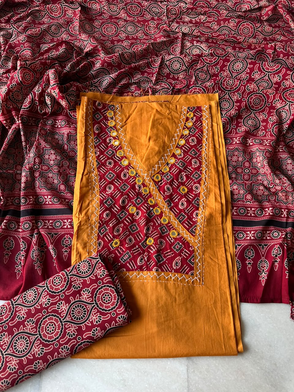 Haldi Shade Cotton Suit Set with Angrakha Mirror Patchwork Yoke & Ajrakh Cotton Dupatta