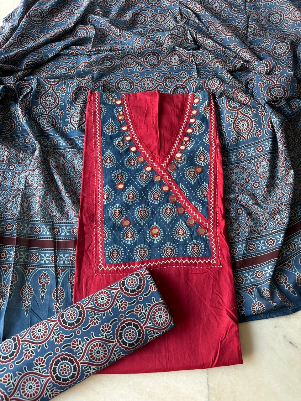 Red Shade Cotton Suit Set with Angrakha Mirror Patchwork Yoke & Ajrakh Cotton Dupatta