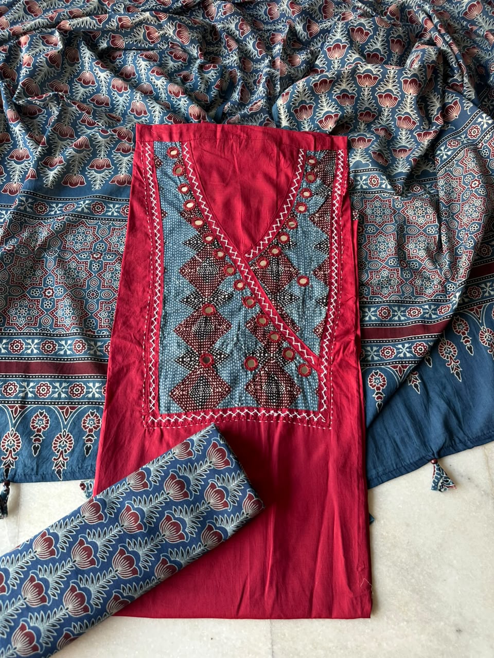 Red Shade Cotton Suit Set with Angrakha Mirror Patchwork Yoke & Ajrakh Cotton Dupatta